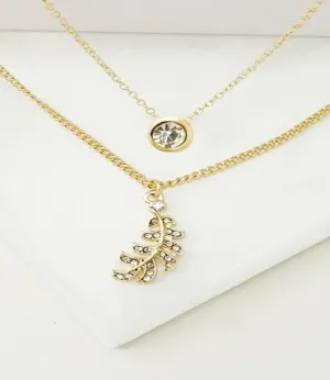 Layered Rhinestone Leaf Pendant Necklace