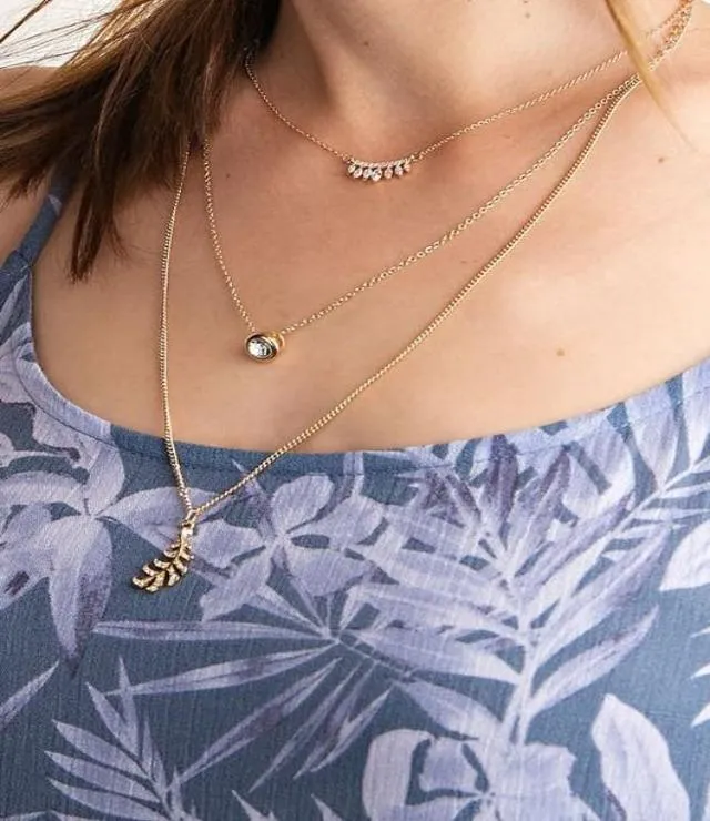 Layered Rhinestone Leaf Pendant Necklace