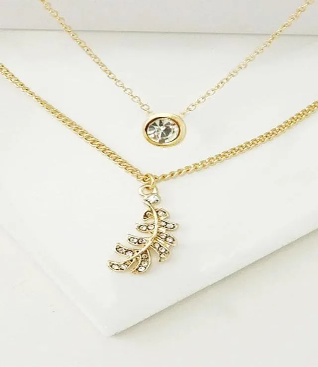 Layered Rhinestone Leaf Pendant Necklace