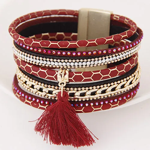 LEMOER Boho Fashion Multilayer Rhinestone Leather Tassel Bracelets & Bangles Magnetic jewelry for women men pulseira feminina