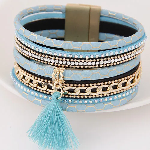 LEMOER Boho Fashion Multilayer Rhinestone Leather Tassel Bracelets & Bangles Magnetic jewelry for women men pulseira feminina