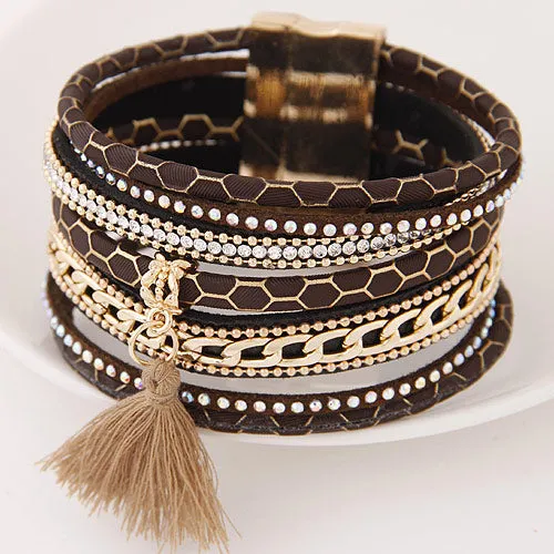 LEMOER Boho Fashion Multilayer Rhinestone Leather Tassel Bracelets & Bangles Magnetic jewelry for women men pulseira feminina