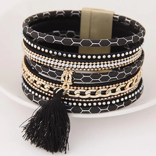 LEMOER Boho Fashion Multilayer Rhinestone Leather Tassel Bracelets & Bangles Magnetic jewelry for women men pulseira feminina