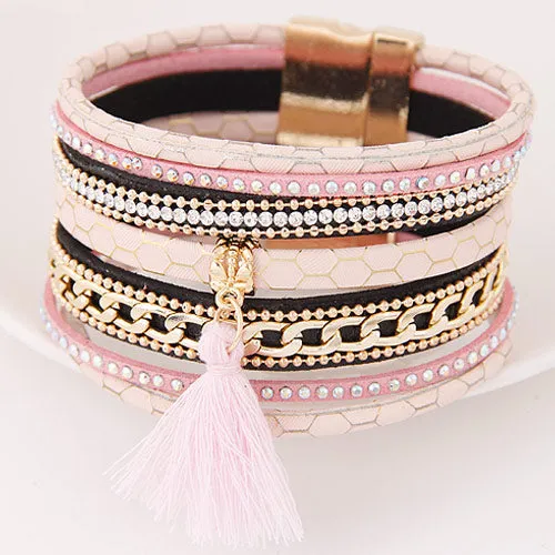 LEMOER Boho Fashion Multilayer Rhinestone Leather Tassel Bracelets & Bangles Magnetic jewelry for women men pulseira feminina