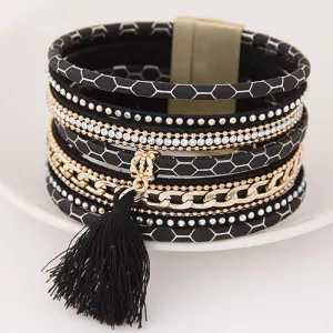 LEMOER Boho Fashion Multilayer Rhinestone Leather Tassel Bracelets & Bangles Magnetic jewelry for women men pulseira feminina