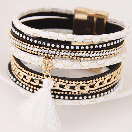 LEMOER Boho Fashion Multilayer Rhinestone Leather Tassel Bracelets & Bangles Magnetic jewelry for women men pulseira feminina