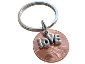 Lucky in Love 2015 Penny Keychain with Love Charm Layered Over; 7 Year Anniversary Gift, Couples Keychain