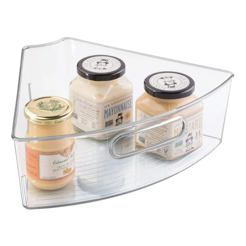 mDesign Plastic Kitchen Cabinet Lazy Susan Storage Organizer Bin with Handle - Medium Pie-Shaped 1/6 Wedge, 4" Deep Container - Organize Snacks, Food Packets, Pasta, Condiment Jars, Coffee - Clear