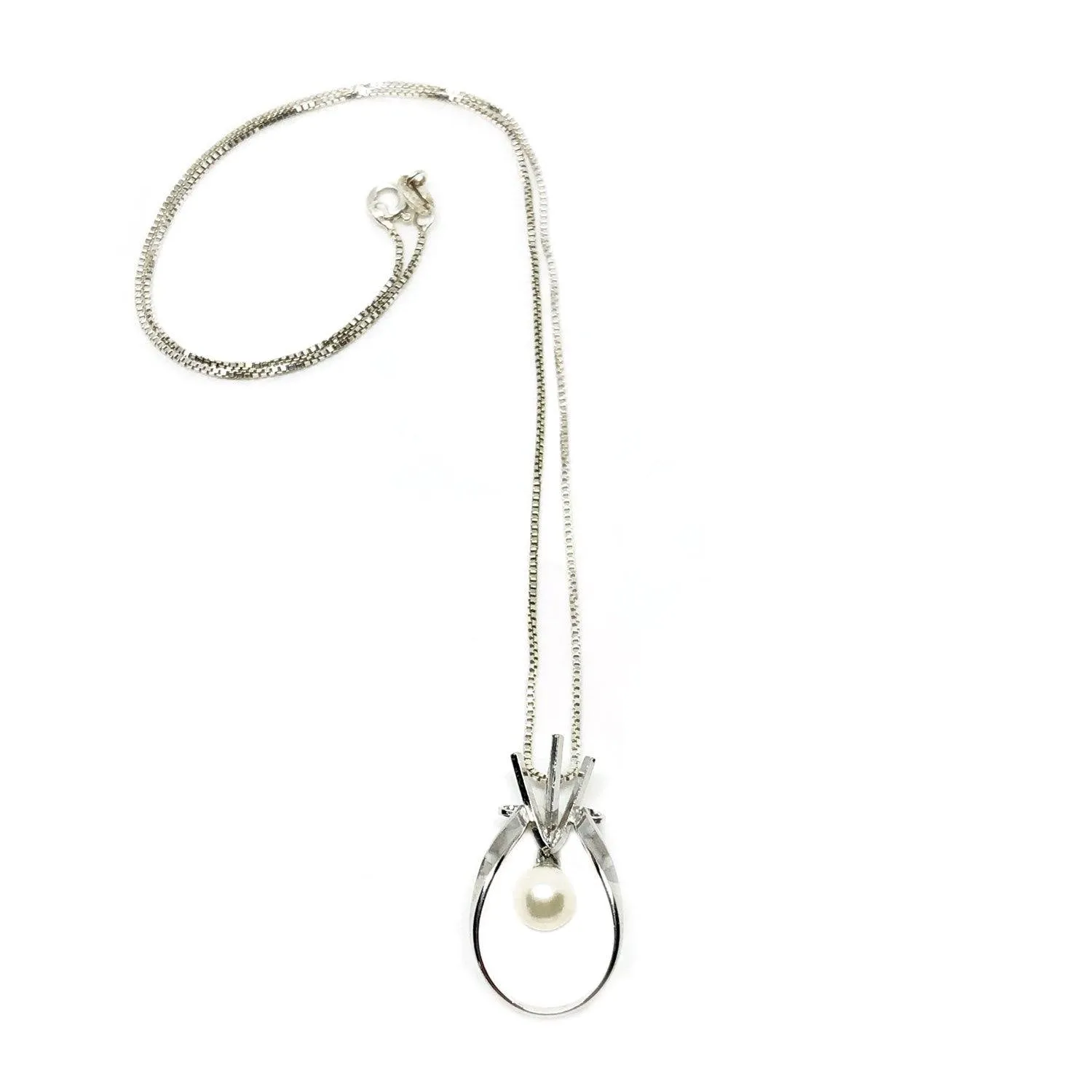 Mid Century Angular Japanese Cultured Akoya Pearl Pendant- Sterling Silver