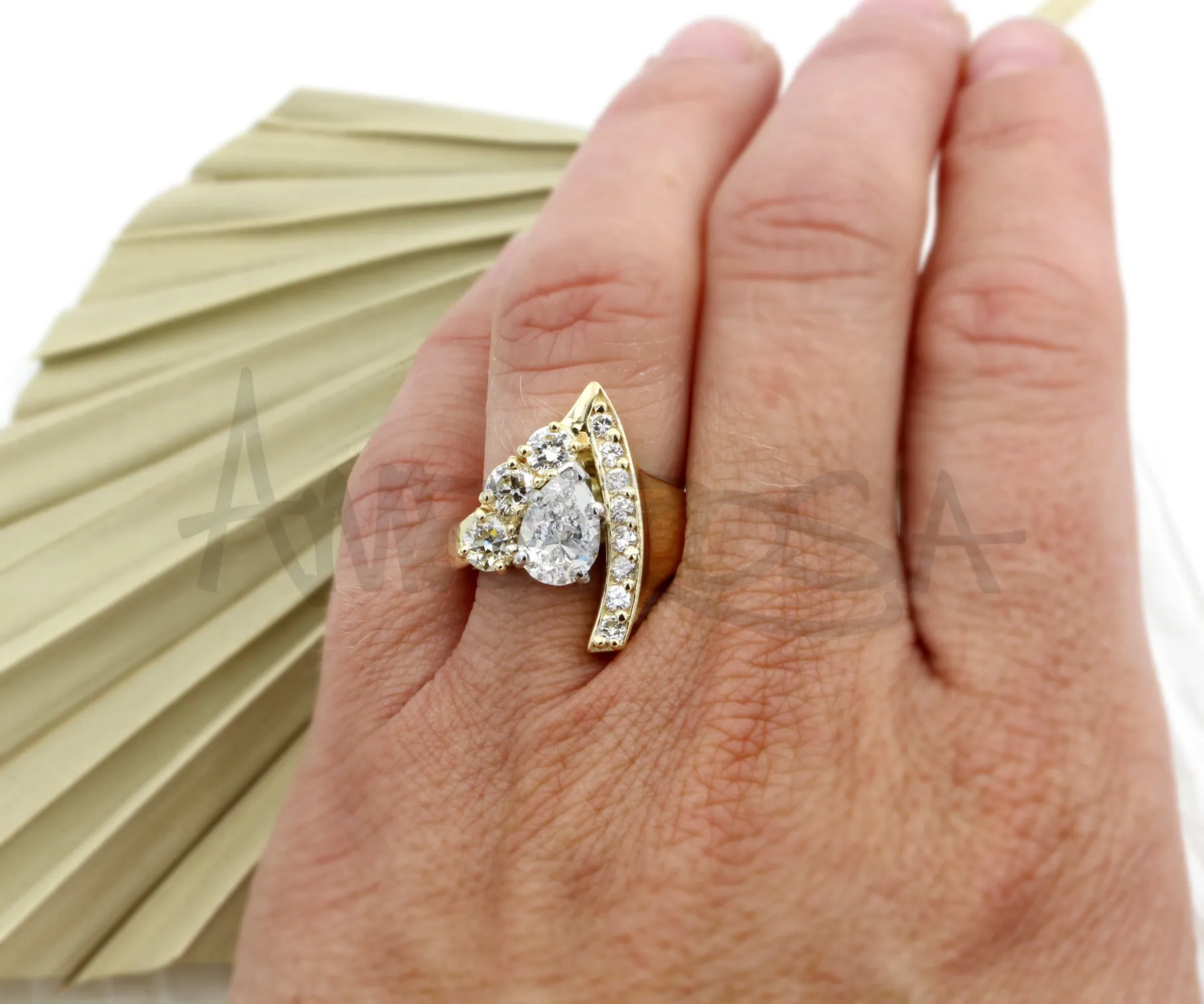 Modern Asymmetrical Pear Diamond Gold Ring