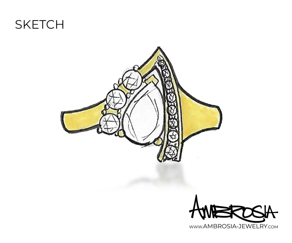 Modern Asymmetrical Pear Diamond Gold Ring