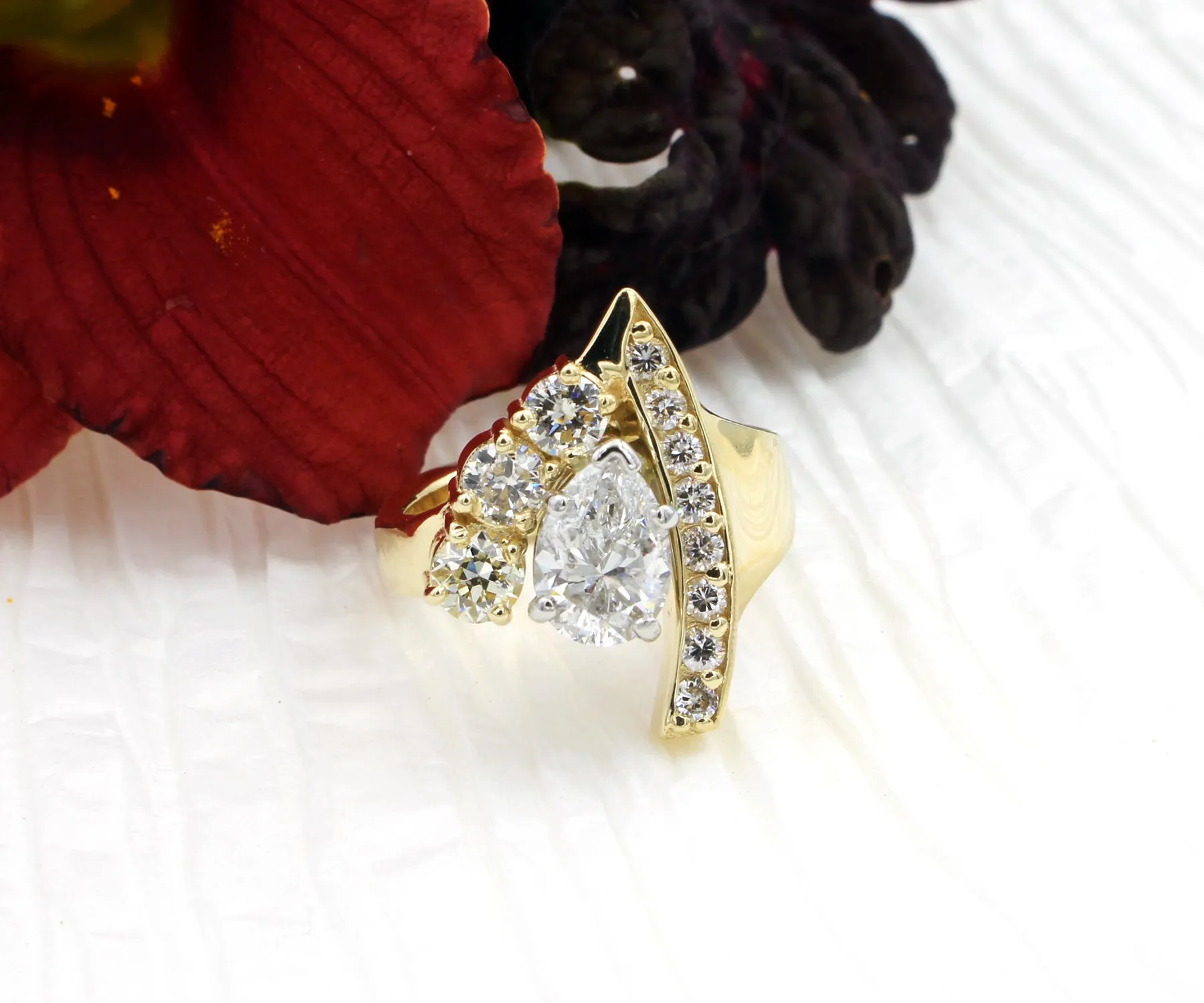 Modern Asymmetrical Pear Diamond Gold Ring