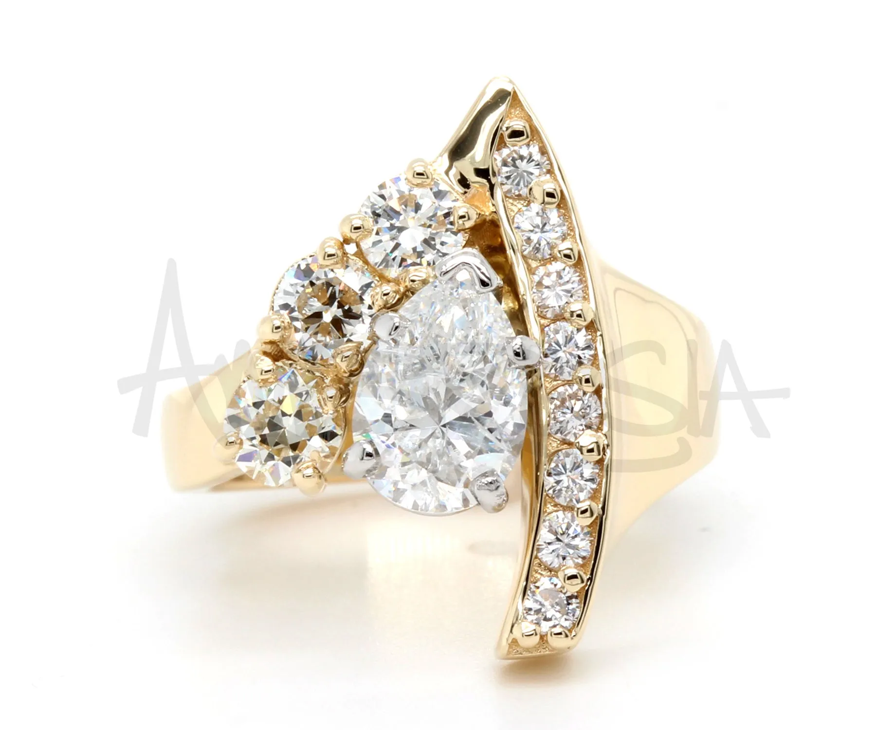 Modern Asymmetrical Pear Diamond Gold Ring