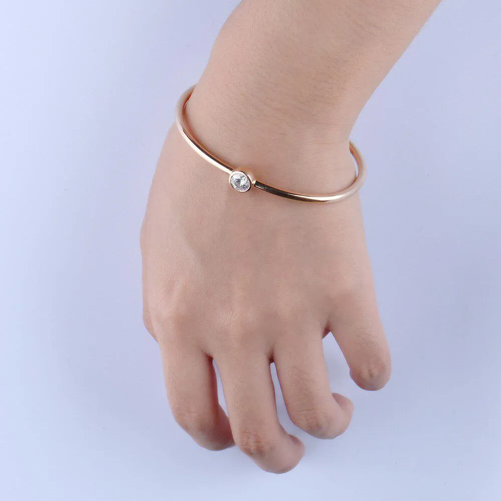 Moissanite Bezel Bangle Solid 18k Rose White Yellow Gold