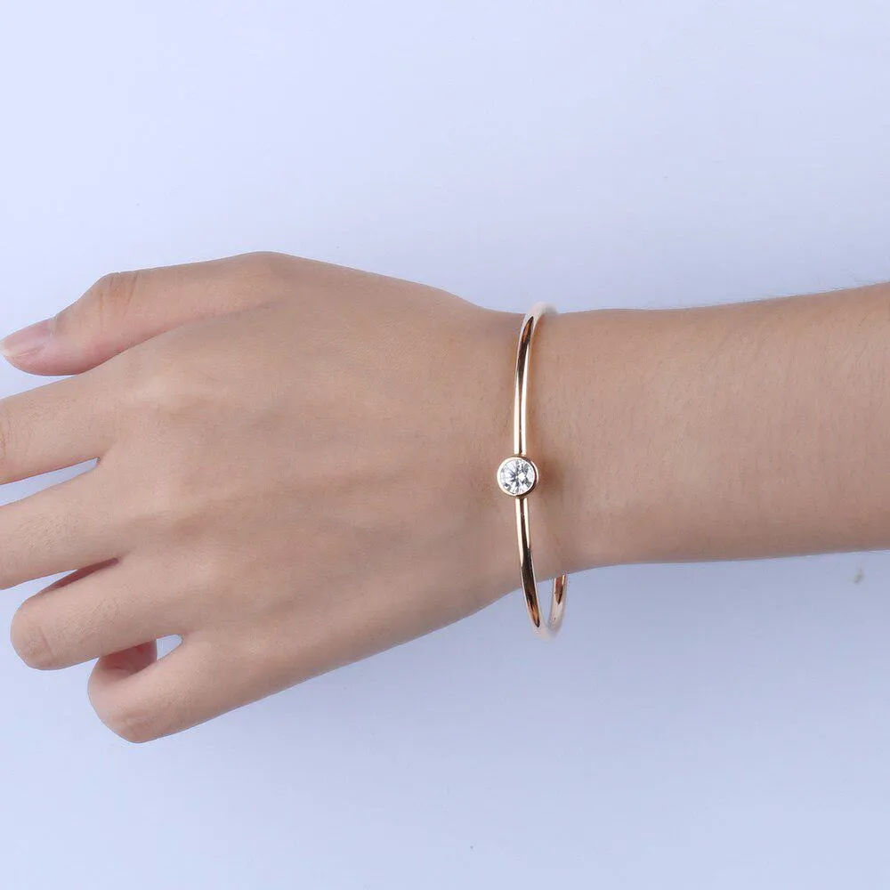 Moissanite Bezel Bangle Solid 18k Rose White Yellow Gold
