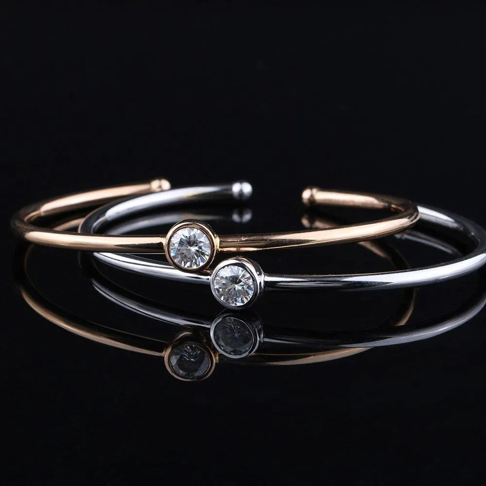 Moissanite Bezel Bangle Solid 18k Rose White Yellow Gold