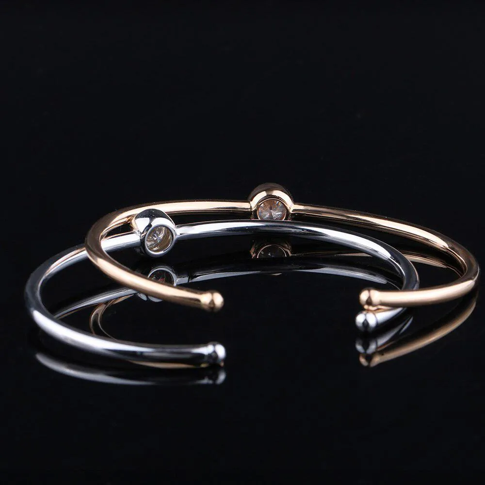 Moissanite Bezel Bangle Solid 18k Rose White Yellow Gold