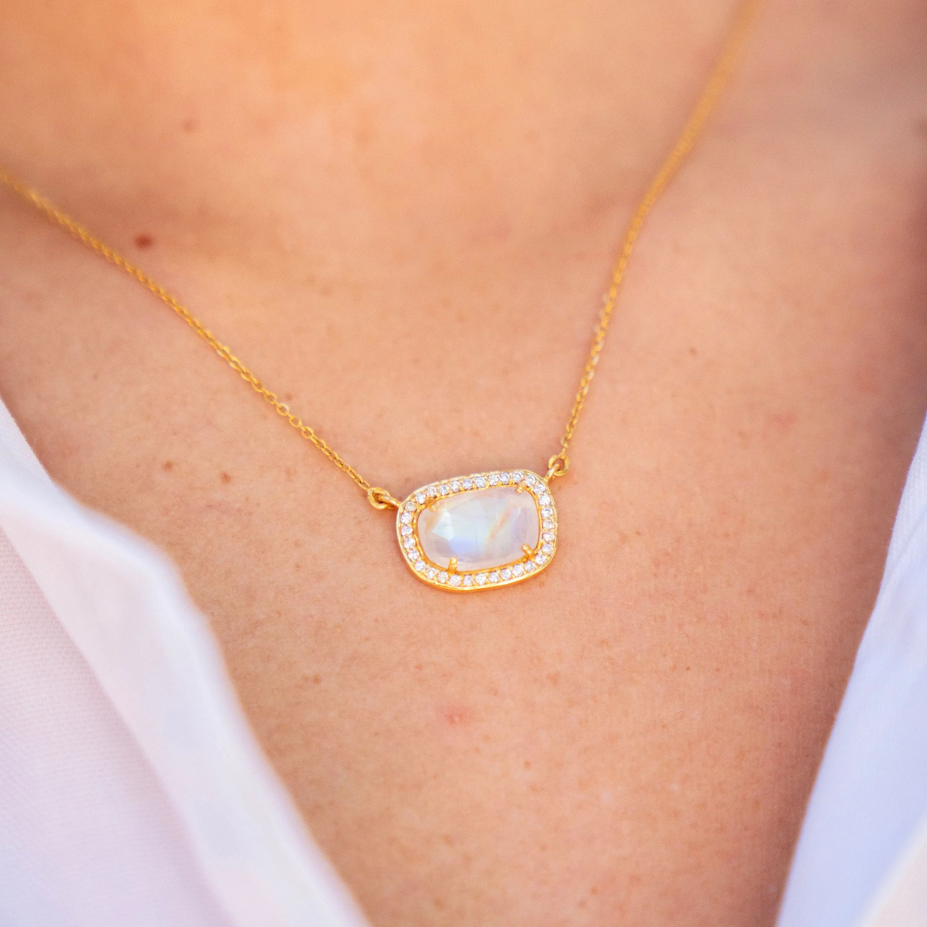 Moonstone and Diamond Halo Necklace in 14k Yellow Gold