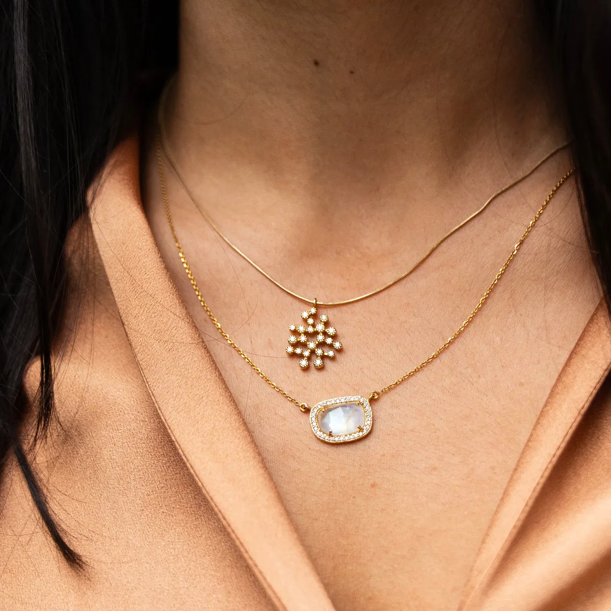 Moonstone and Diamond Halo Necklace in 14k Yellow Gold