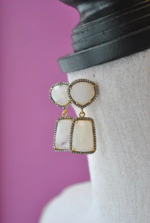 MOONSTONE AND RHINESTONES ON GOLD STATEMENT ELEGANT EARRINGS