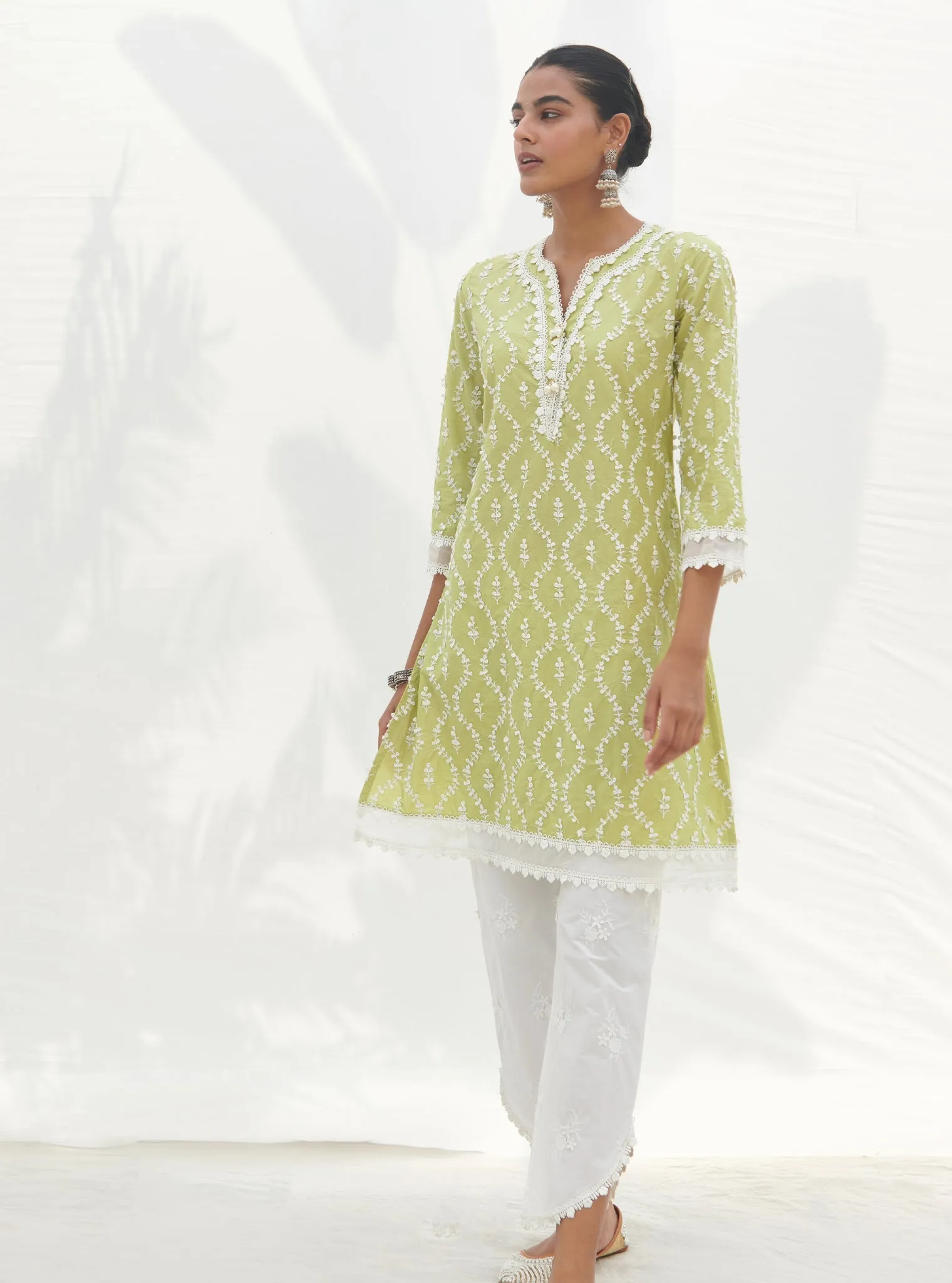 Mulmul Cotton Maneri Lime Kurta With Mulmul Cotton Emb Rounded Hem White Pant
