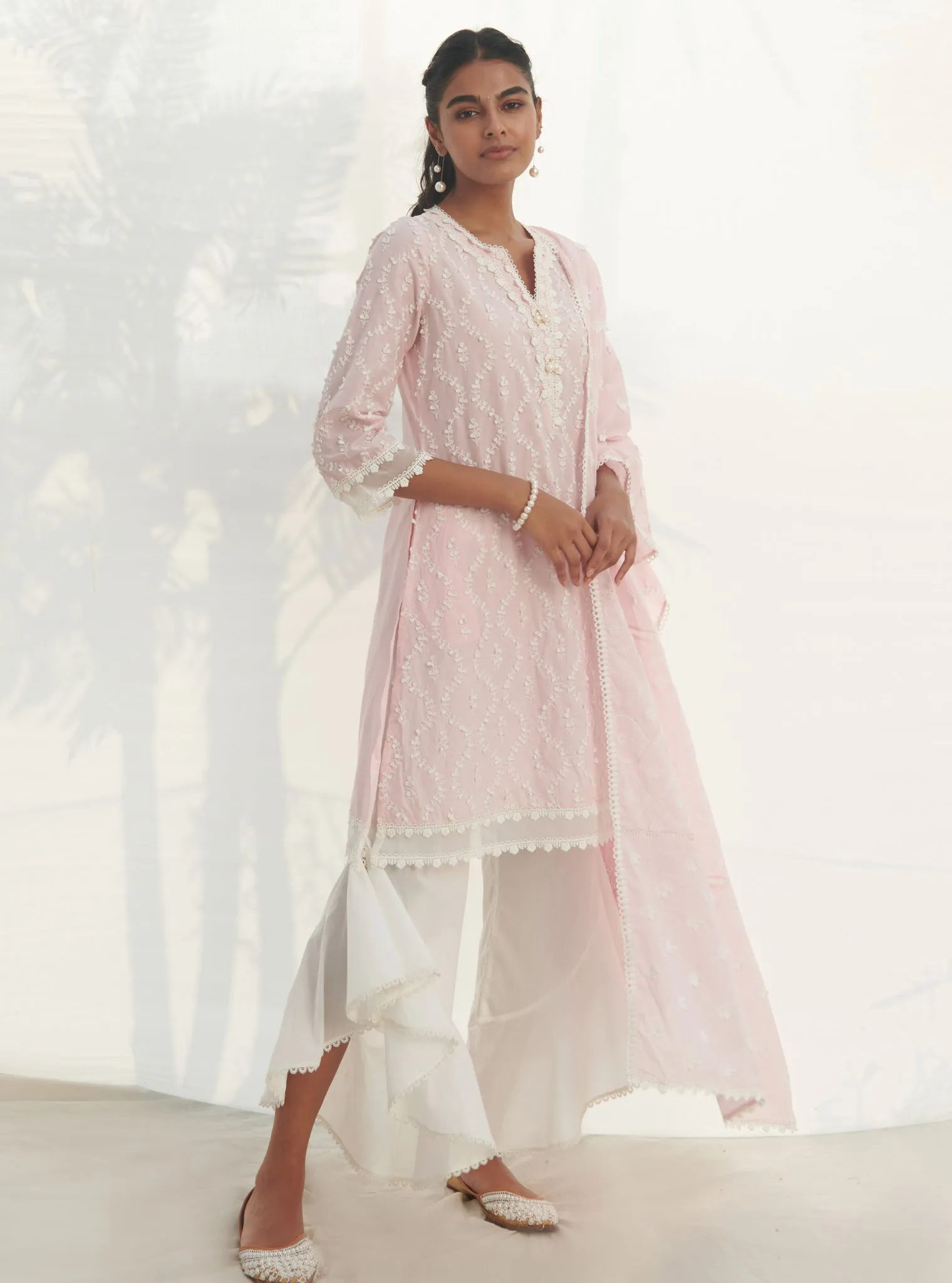Mulmul Cotton Maneri Pink Kurta With Mulmul Cotton Ruffle White Pant