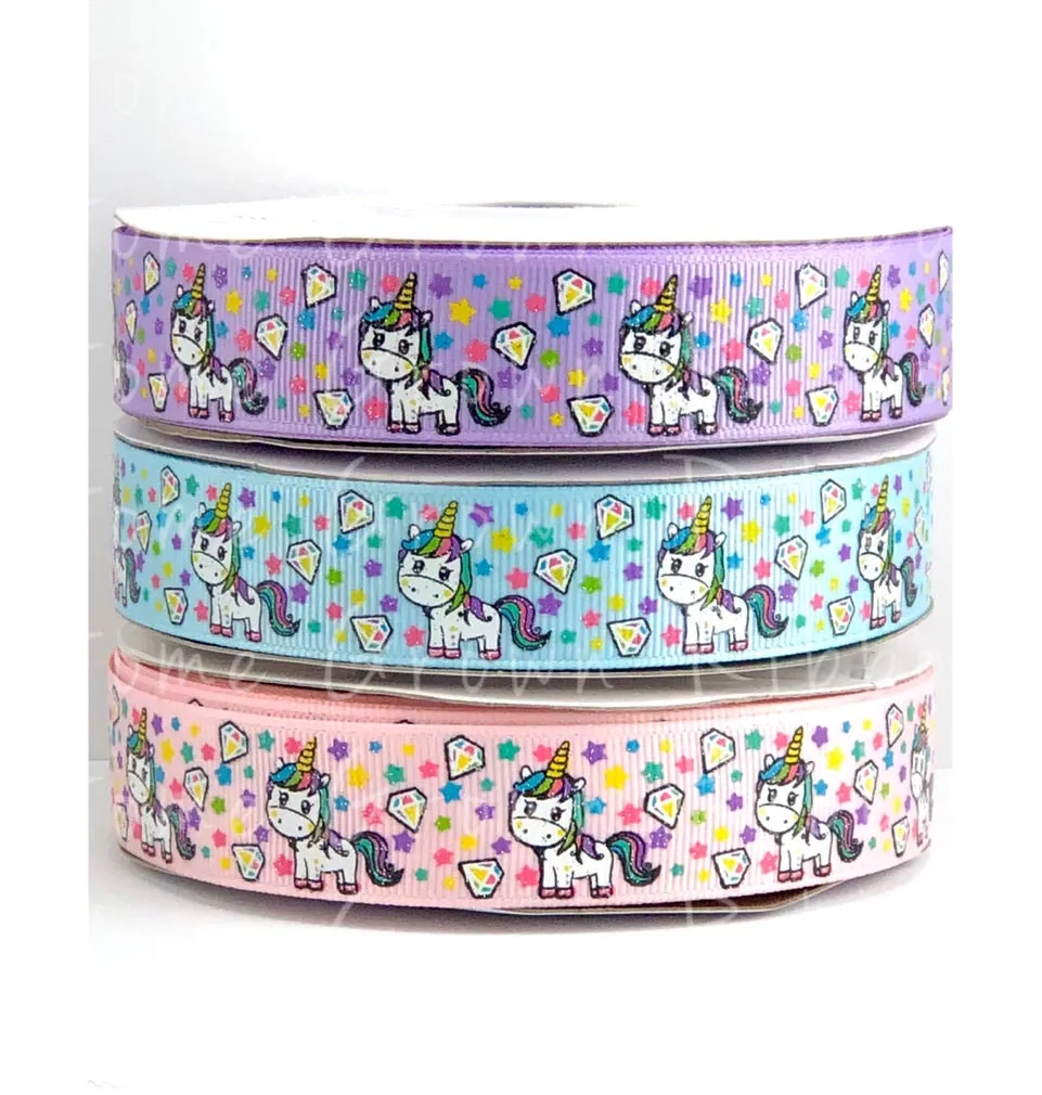 My Mama Don't Like You Coordinate - Unicorns, Diamonds, and Stars USDR Grosgrain Ribbon - 7/8 Inch