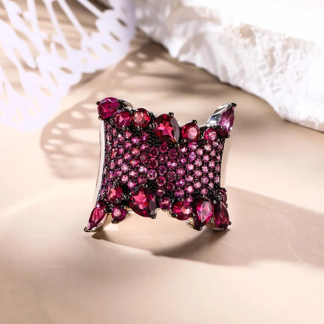 Natural Rhodolite Garnet Bohemian Ring