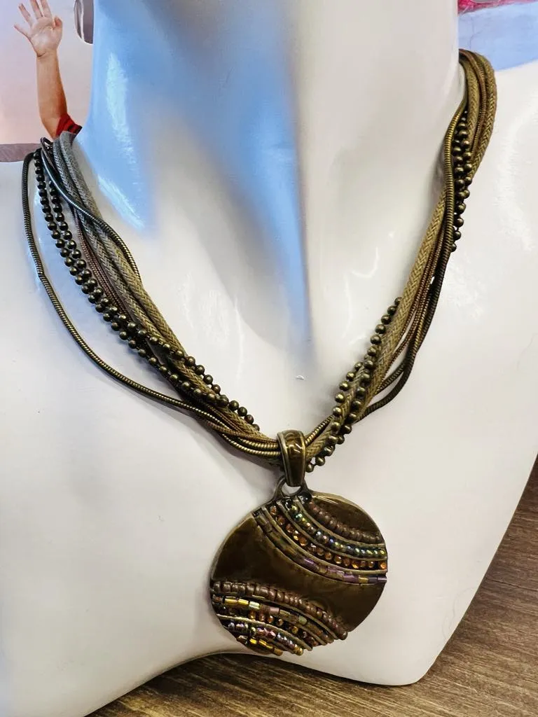 New Bohemian Metal Pendant Necklace, bronze tones multi layered chain, 16 Inch