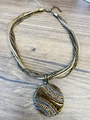 New Bohemian Metal Pendant Necklace, bronze tones multi layered chain, 16 Inch