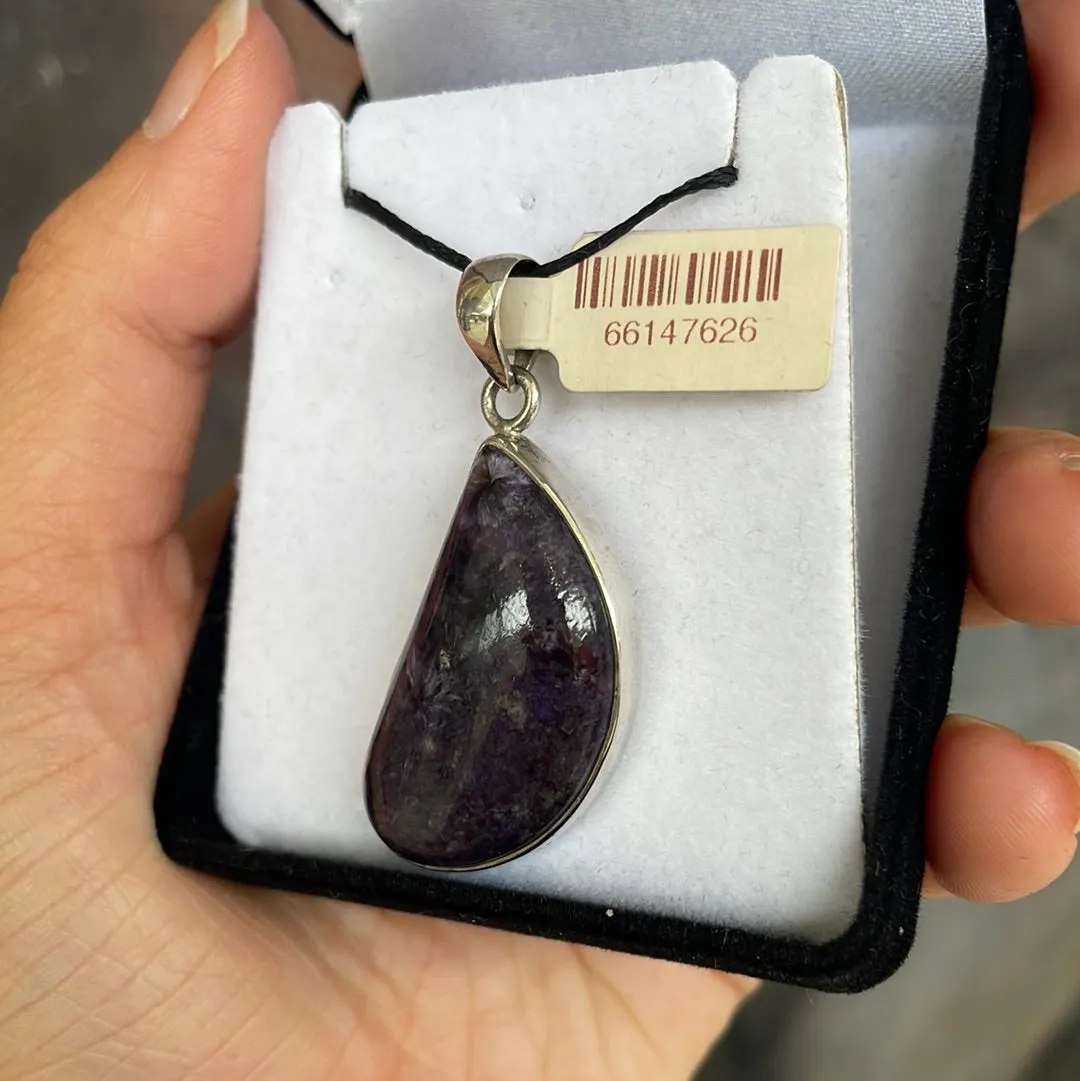 Oblique Teardrop Charoite 925 Sterling Silver Pendant