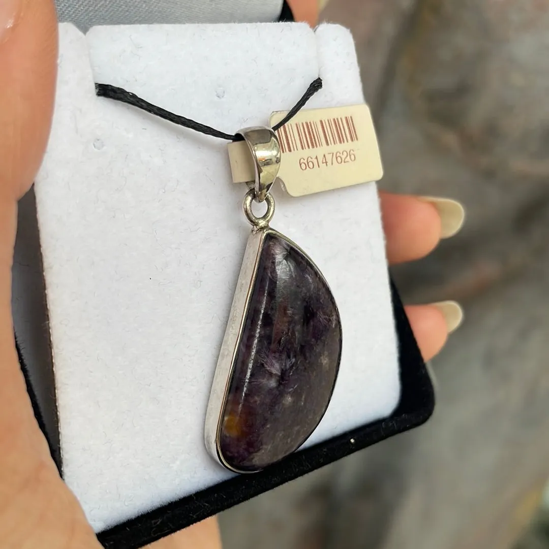 Oblique Teardrop Charoite 925 Sterling Silver Pendant