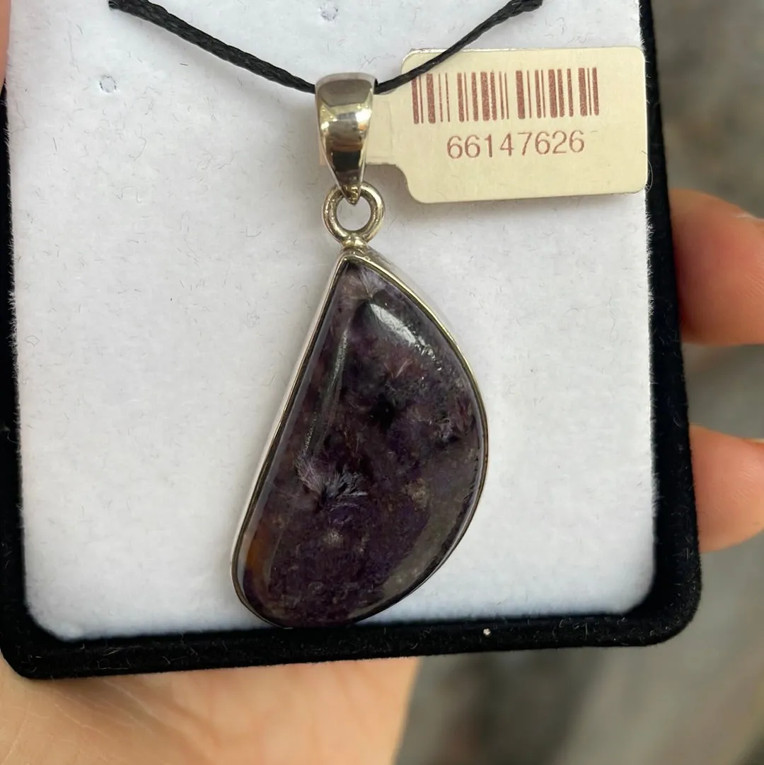 Oblique Teardrop Charoite 925 Sterling Silver Pendant