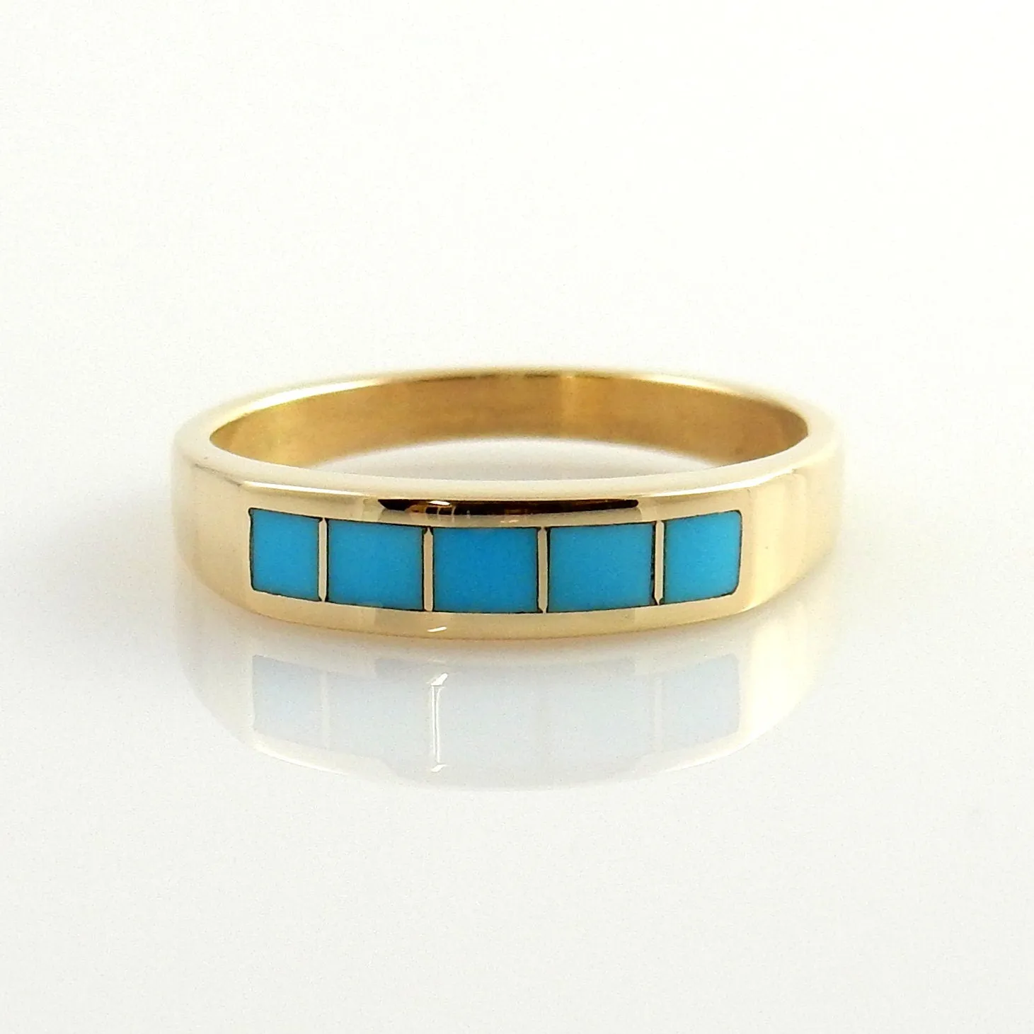 One of a Kind 14kt Yellow Gold Blue Turquoise Inlay Ring Size 7.5