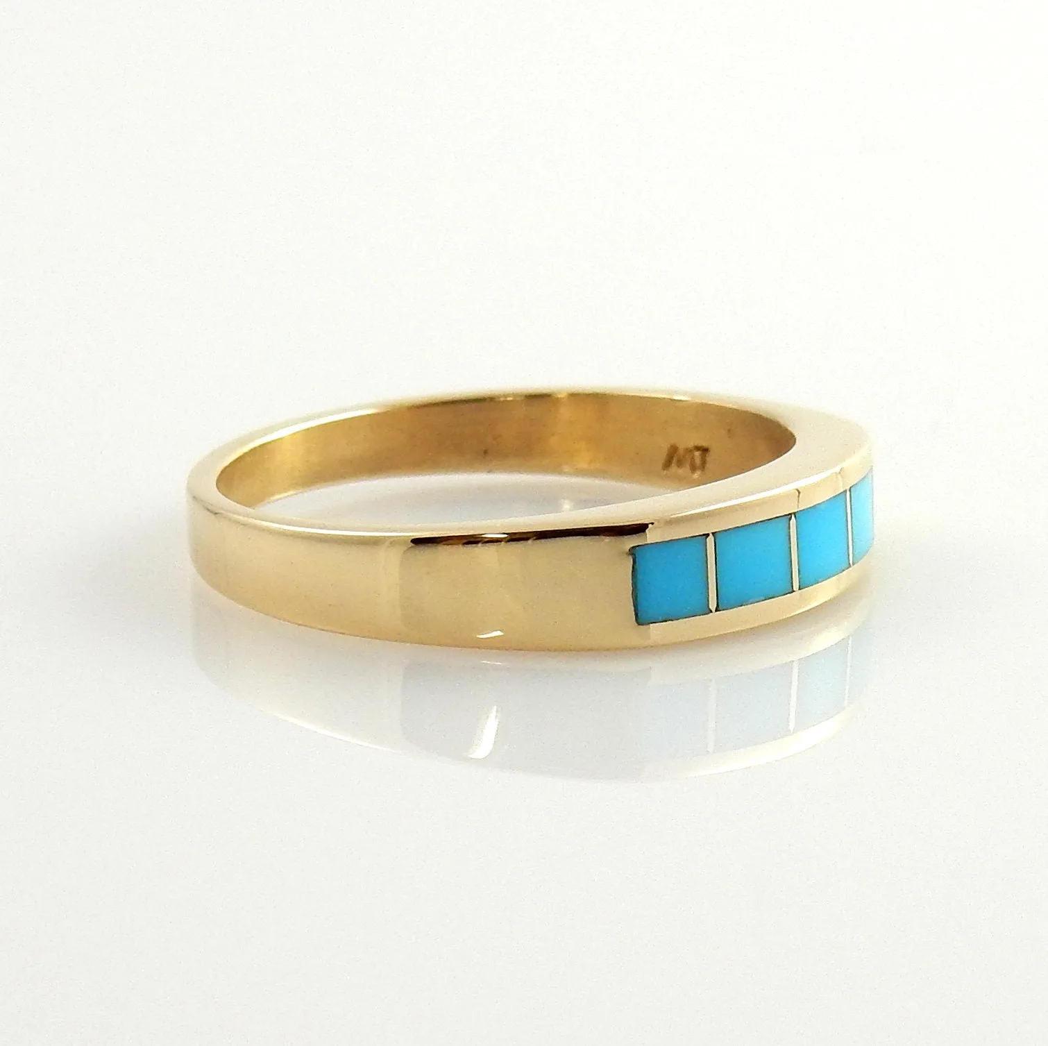 One of a Kind 14kt Yellow Gold Blue Turquoise Inlay Ring Size 7.5