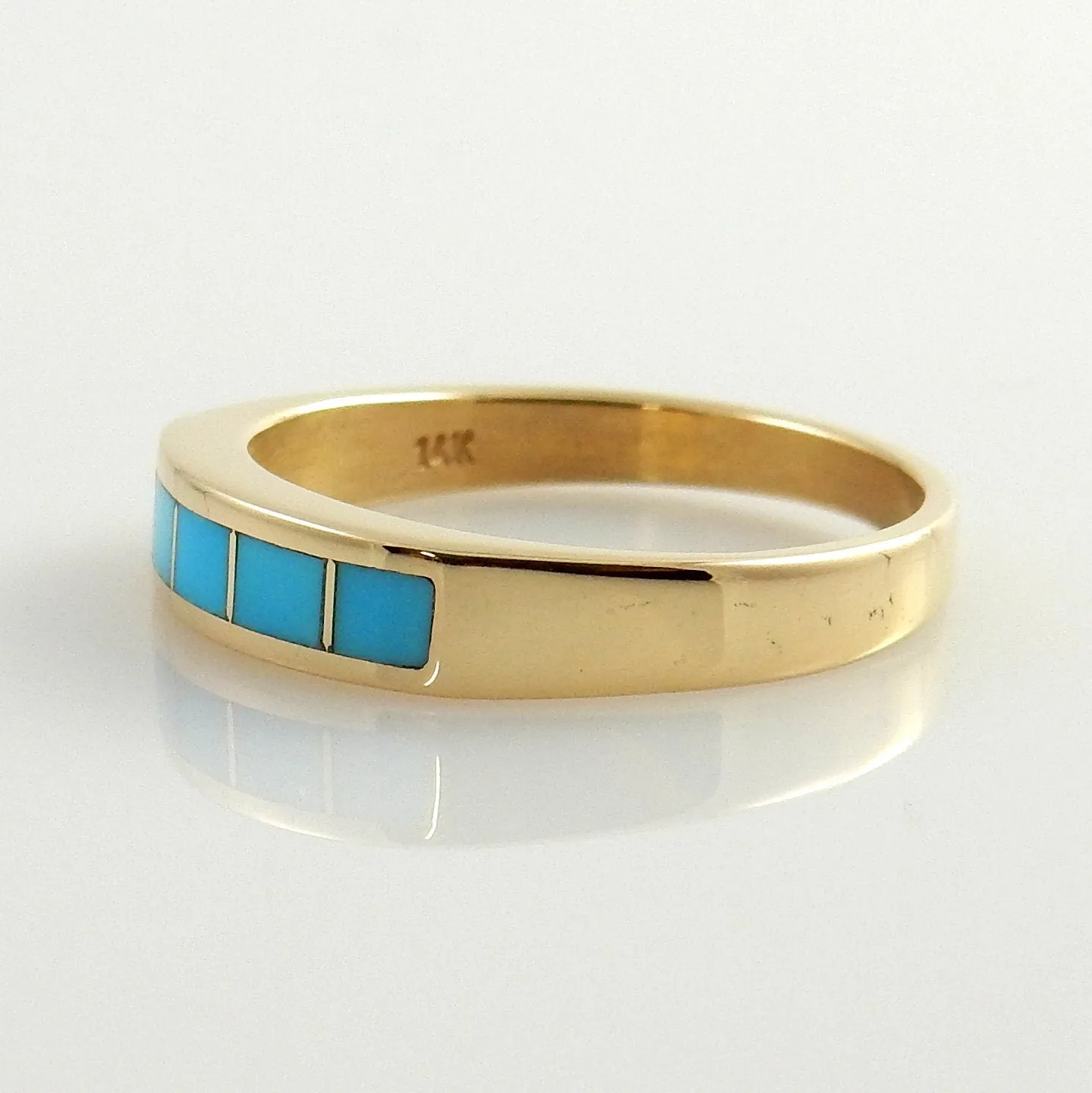 One of a Kind 14kt Yellow Gold Blue Turquoise Inlay Ring Size 7.5