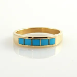 One of a Kind 14kt Yellow Gold Blue Turquoise Inlay Ring Size 7.5