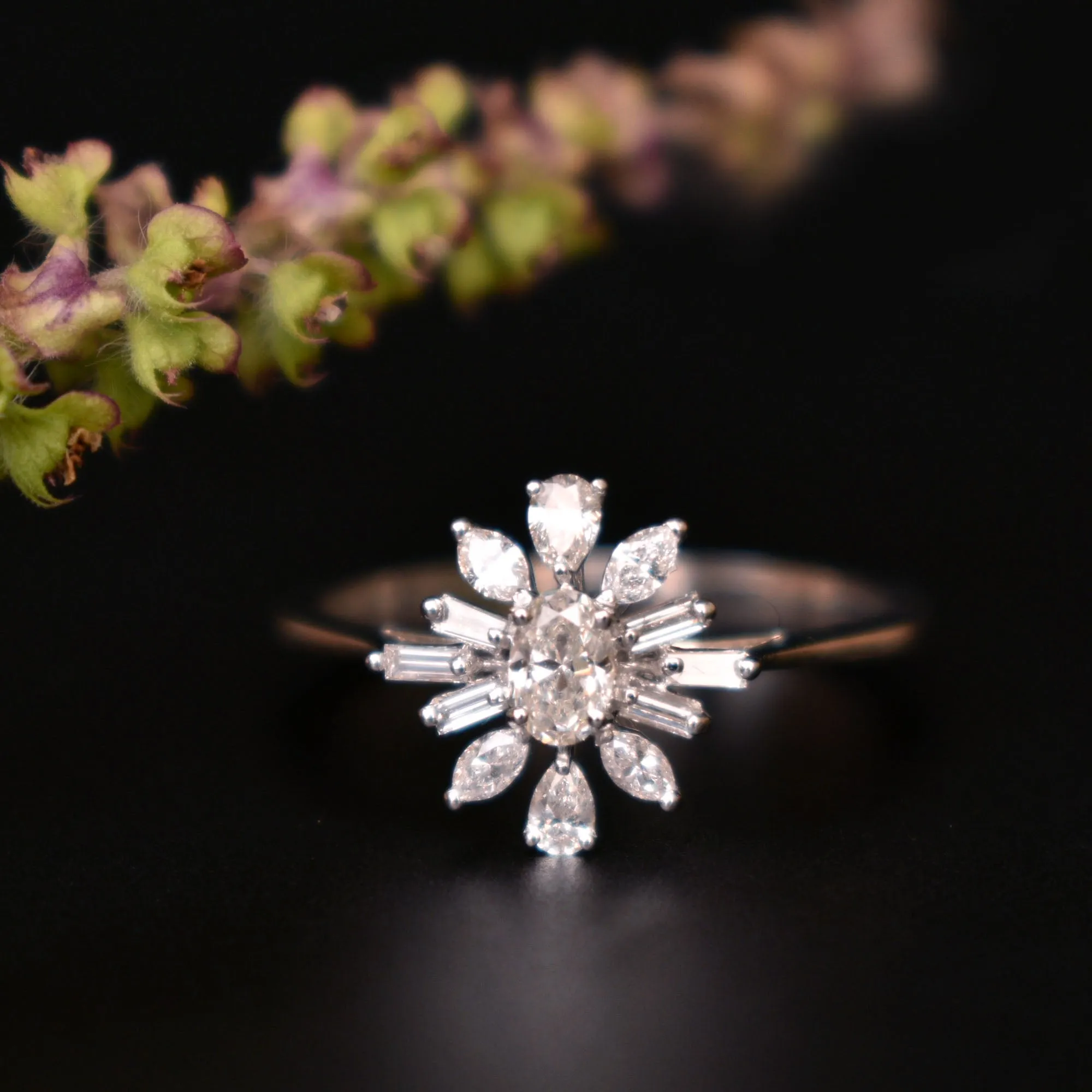 Oval Diamond Engagement Ring with Fancy Cut Diamond Halo