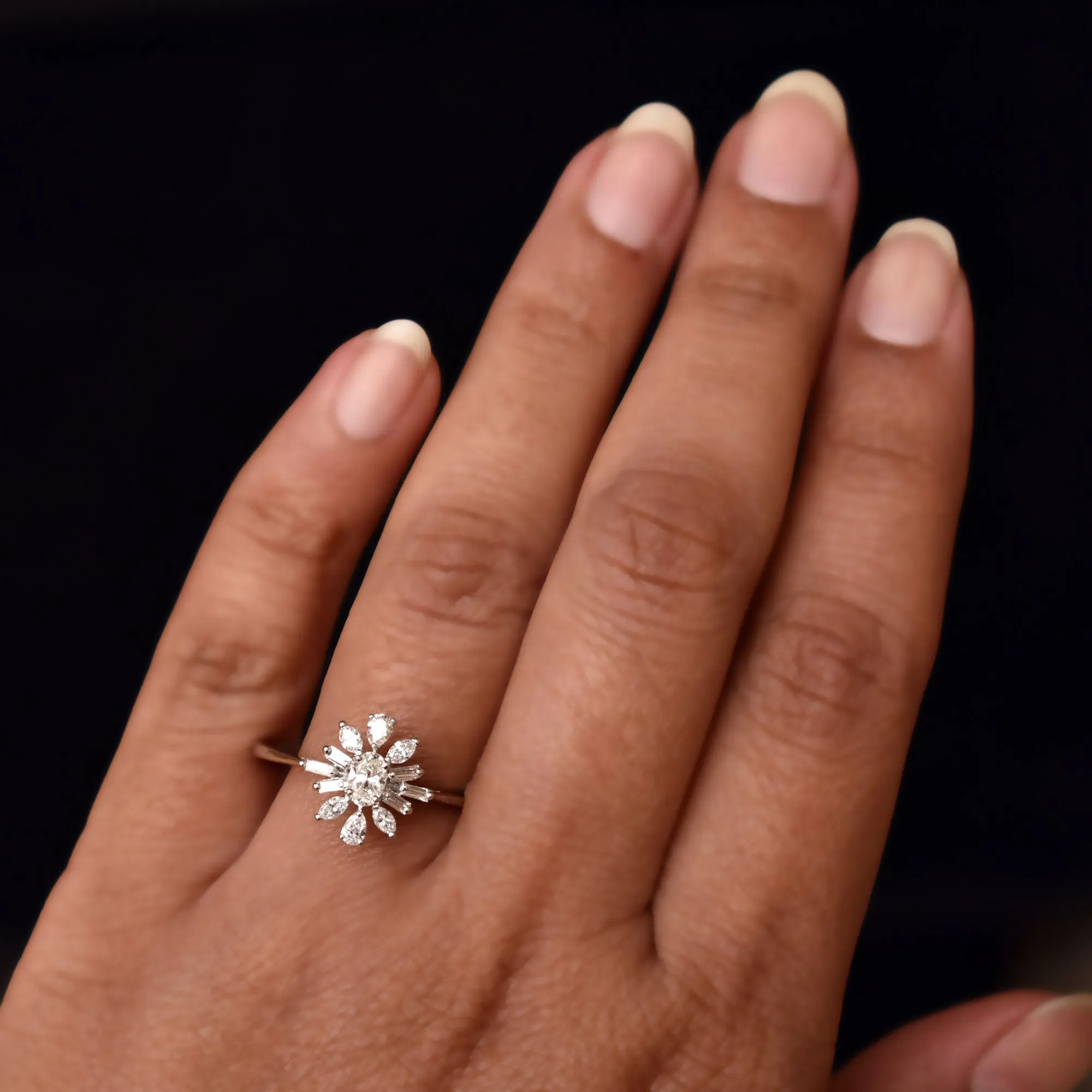 Oval Diamond Engagement Ring with Fancy Cut Diamond Halo