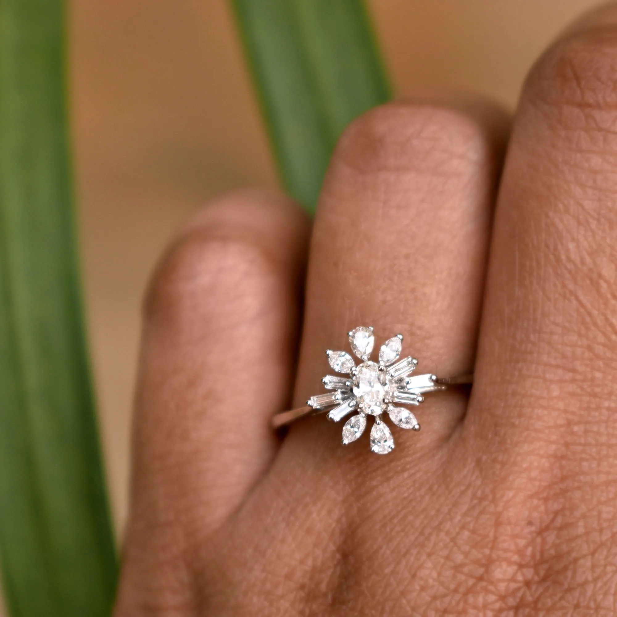 Oval Diamond Engagement Ring with Fancy Cut Diamond Halo