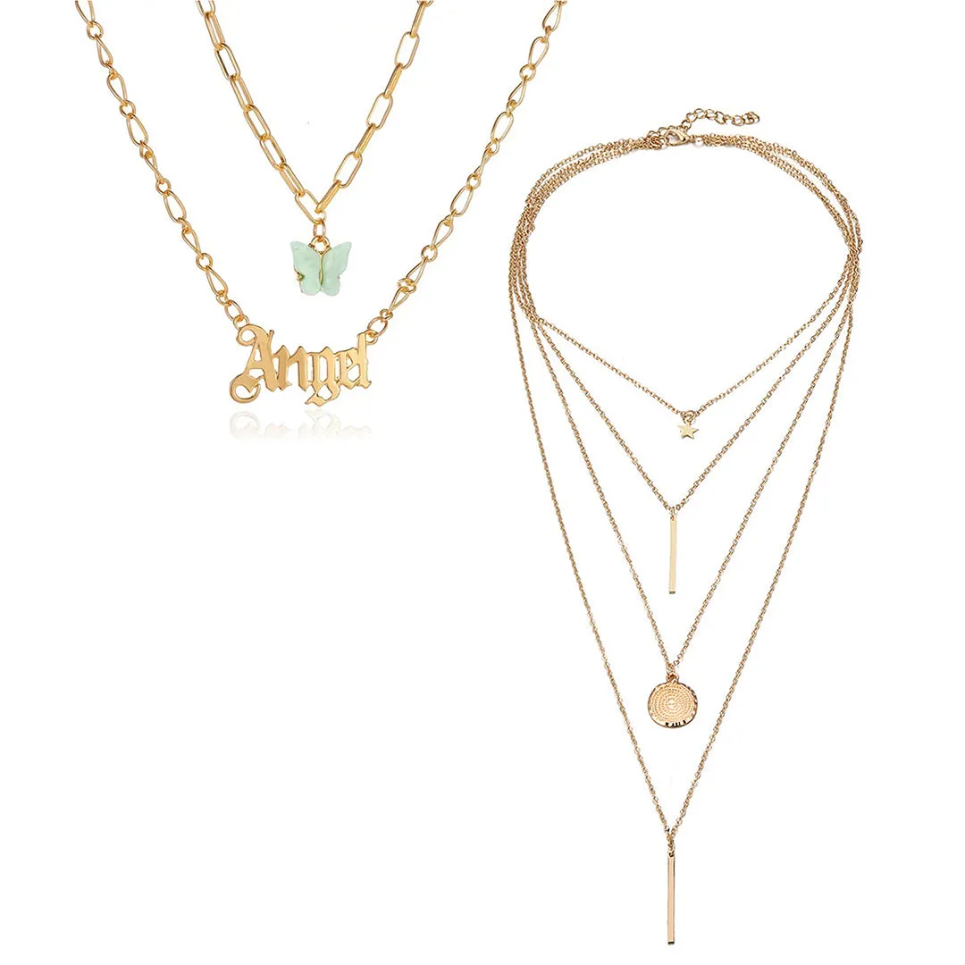 Pack of 2 Star Coin Line & Blue Butterfly Angel Necklace
