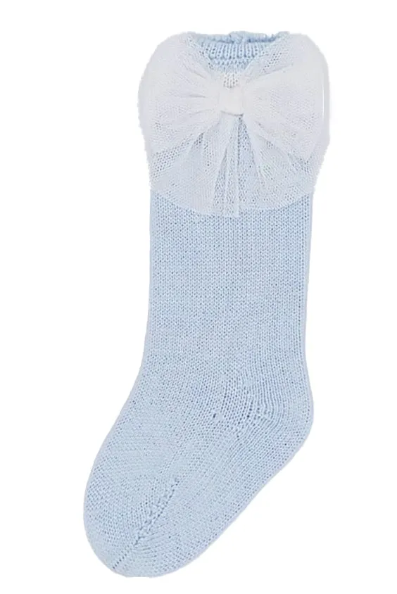 PREORDER Baby Blue Gingham Tulle Bow Knee High Socks