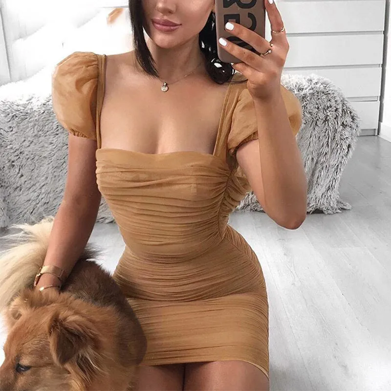 Puff Sleeve Mesh Elegant Backless Party Dress