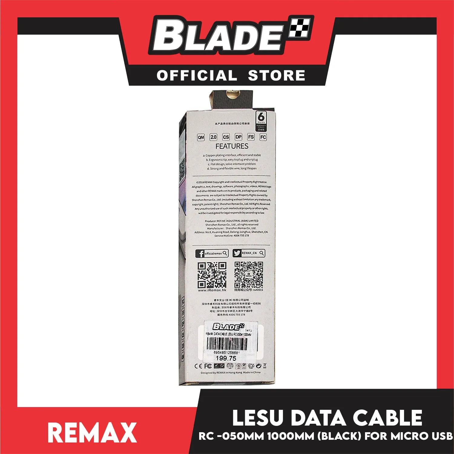 Remax Data Cable RC-050m 2A Micro USB LESU1000mm for Android. Samsung, Huawei, Xiaomi, Oppo. Also compatible to other various digital devices.