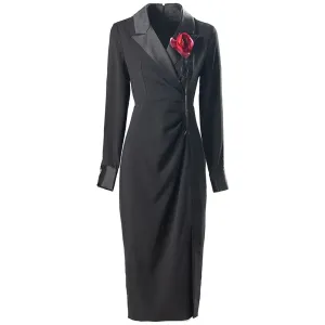 Rita Turn-down Collar Long Sleeve Black Elegant Party Dress