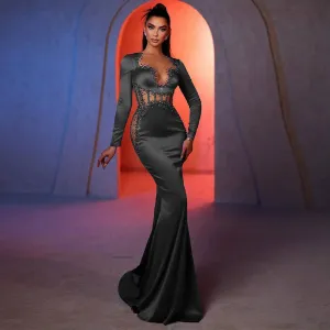 Round Neck Long Sleeve Elegant Maxi Bodycon Dress HT12030