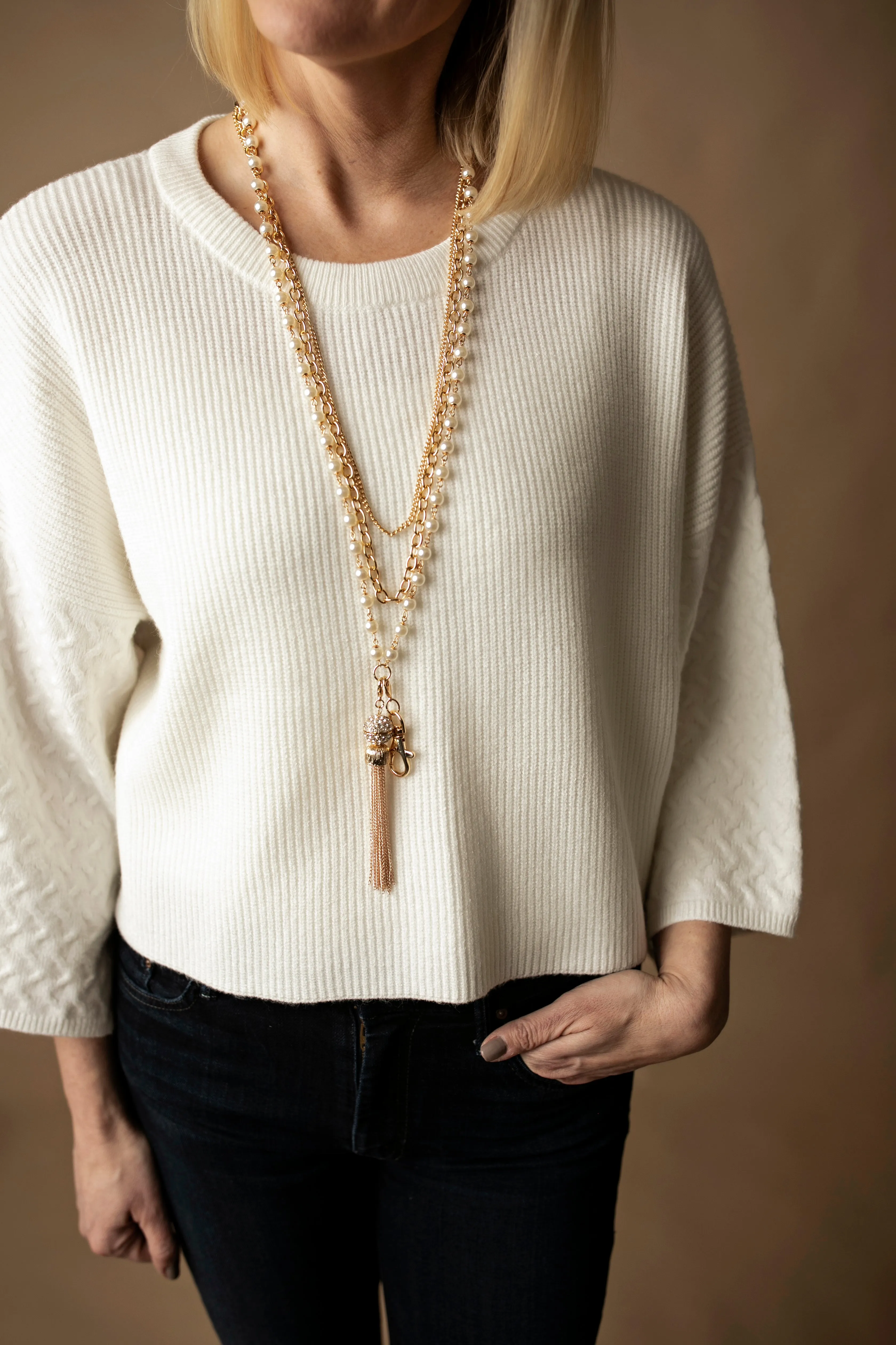 Sarah Layered Pearl Fashion Lanyard (Gold)