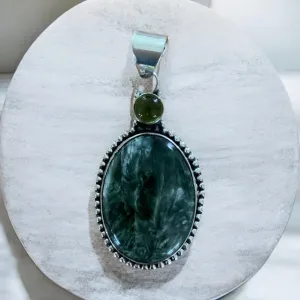 Seraphinite & Peridot Solid 925 Sterling Silver Pendant
