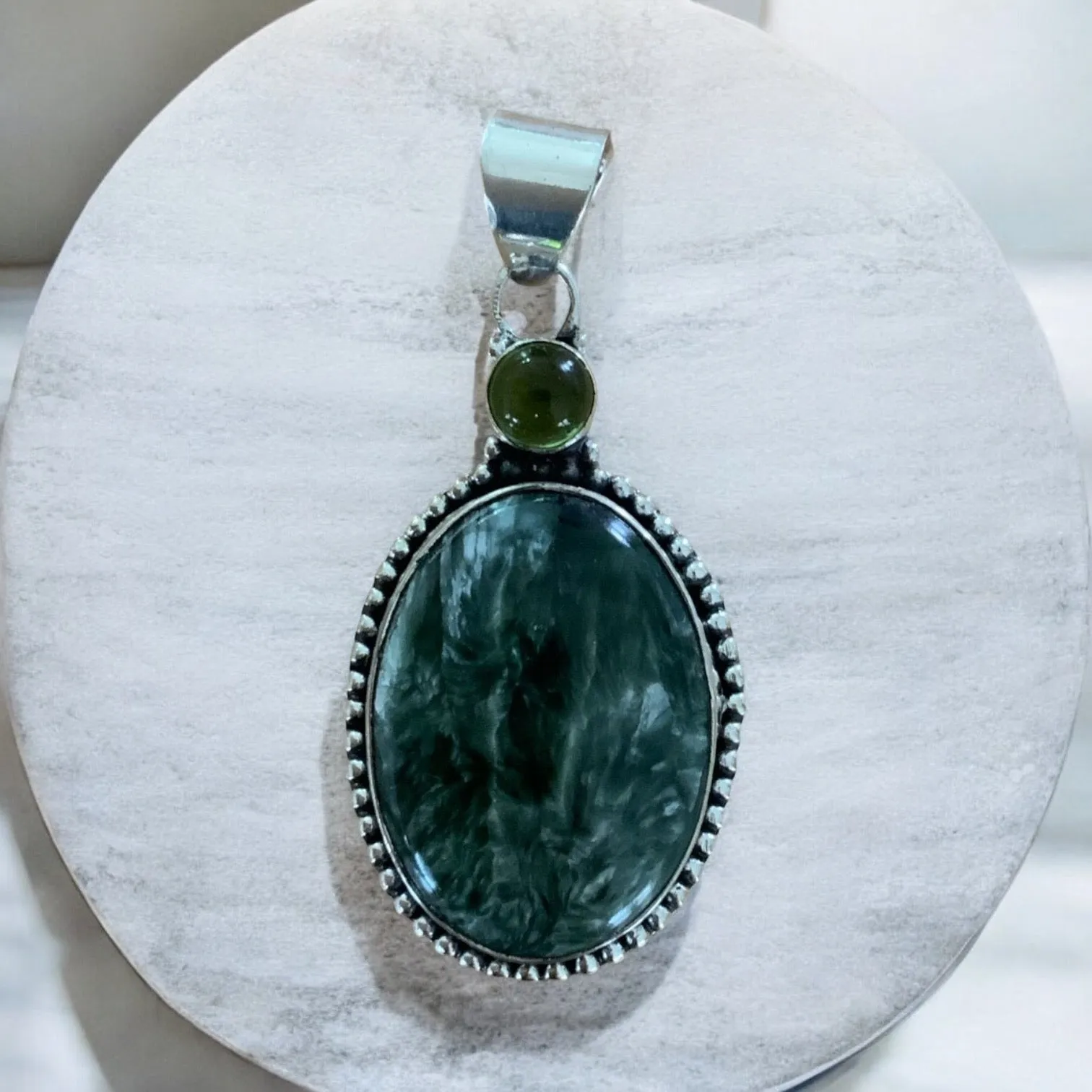 Seraphinite & Peridot Solid 925 Sterling Silver Pendant