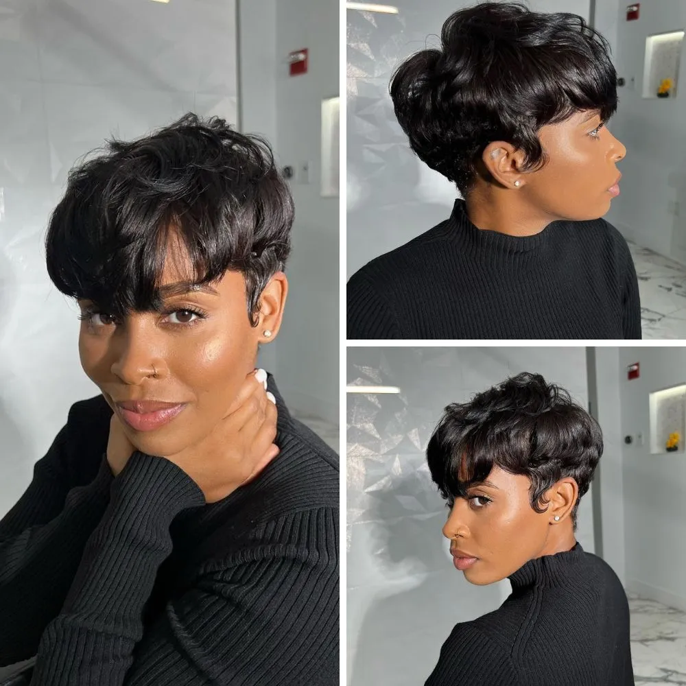 Short Pixie Cut Layered Glueless Human Hair Wig With Bang